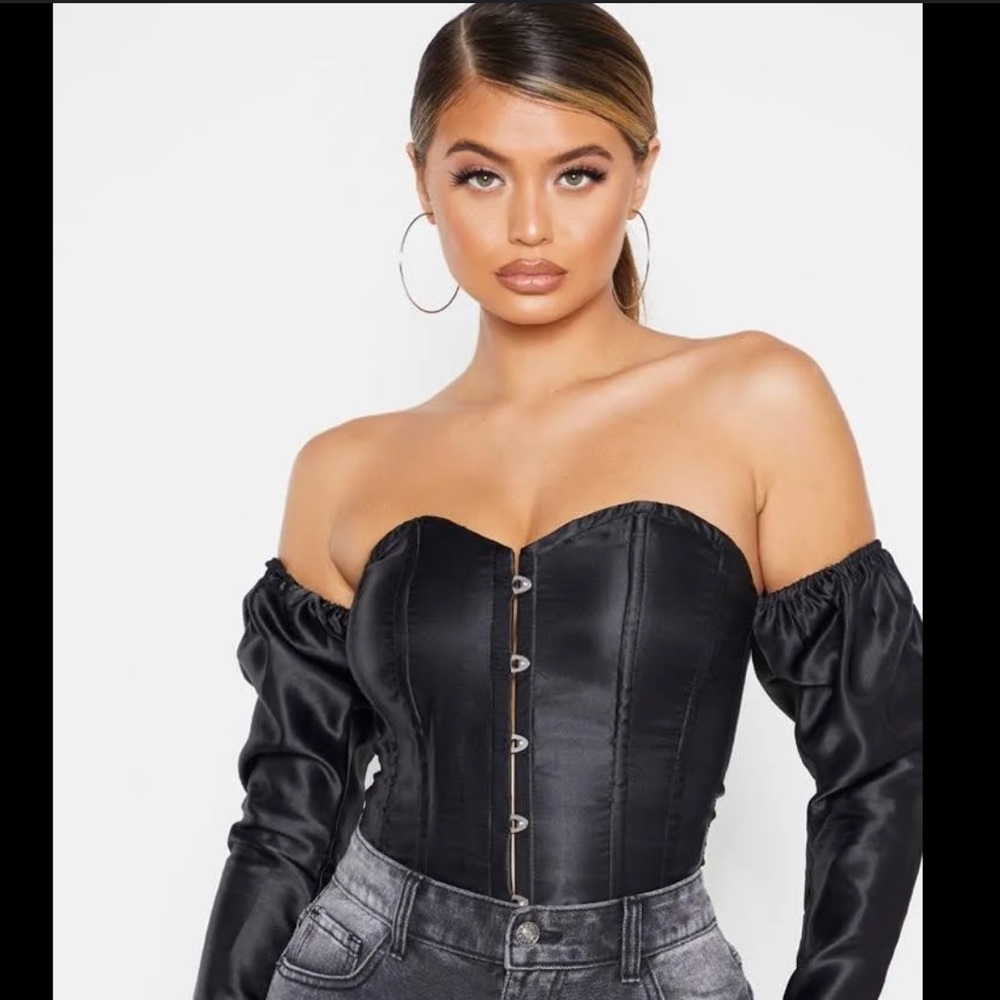 PLT Black Satin Long Sleeve Bardot Corset Top